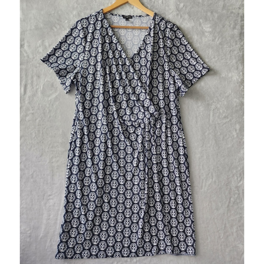 Talbots Dress Womens Size 2X Navy Blue Medallion Print Faux Wrap Stretch Knit